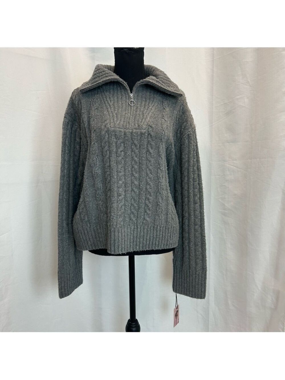 Sincerely Jules gray soft cable knit Quarter Zip high neck sweater XL NWT